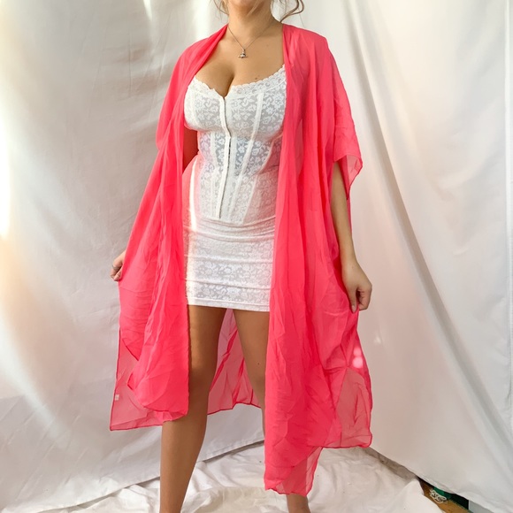 Pink coral chiffon mesh long maxi cardigan duster kimono - Picture 4 of 4